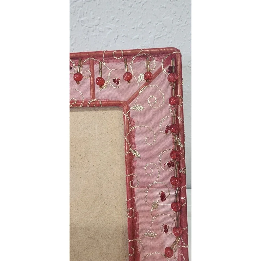 Holds 4x6 Picture Frame Red Mesh Fabric Gold Wire Beaded Accents Boho